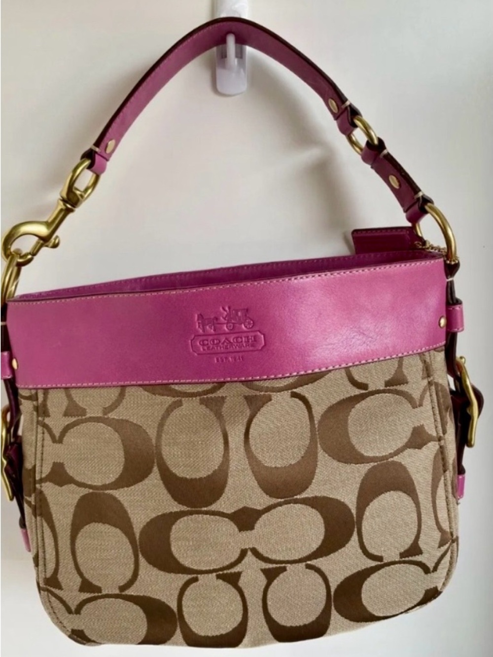 Coach Zoe Signature Khaki/Orchid Purse Handbag